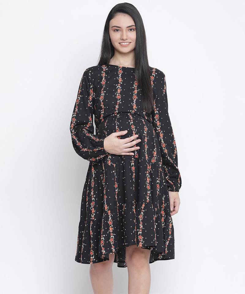 Gapper black ptinted with feeding zip maternity dress