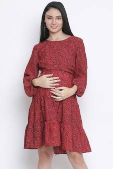Dora red printed with feeding zip maternity dress