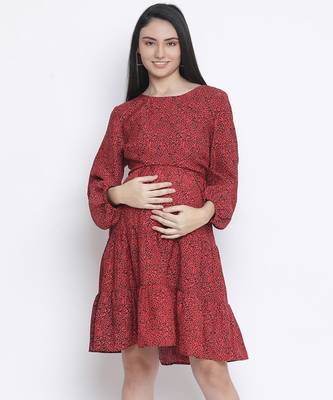 Dora red printed with feeding zip maternity dress 1