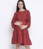 Dora red printed with feeding zip maternity dress