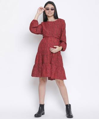 Dora red printed with feeding zip maternity dress 2