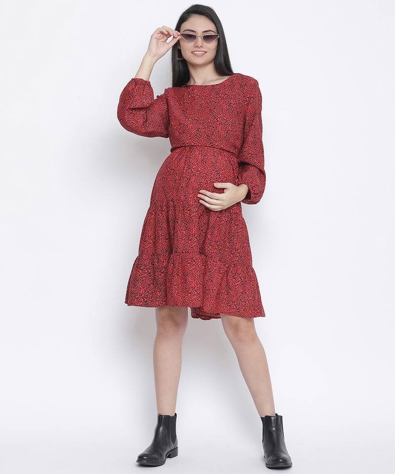 Dora red printed with feeding zip maternity dress