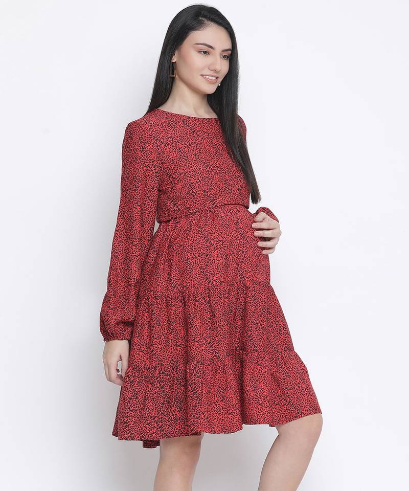 Dora red printed with feeding zip maternity dress