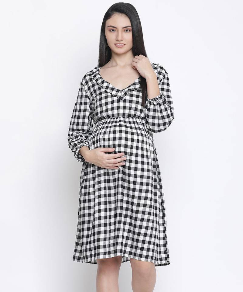 Chic check print maternity dress