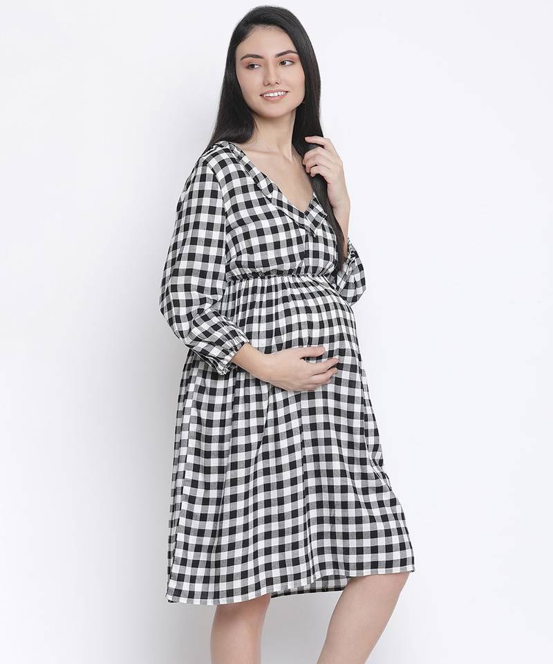 Chic check print maternity dress