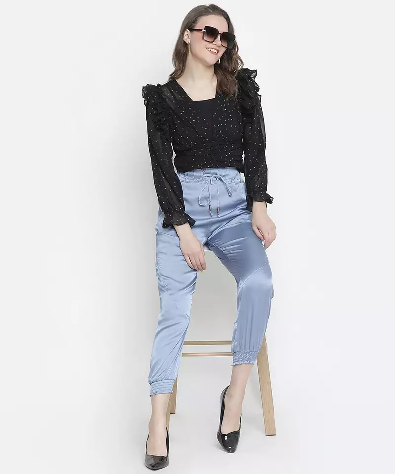 Kasson shimmer black ruffle women crop top