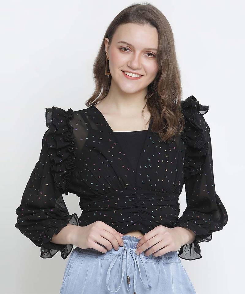 Kasson shimmer black ruffle women crop top