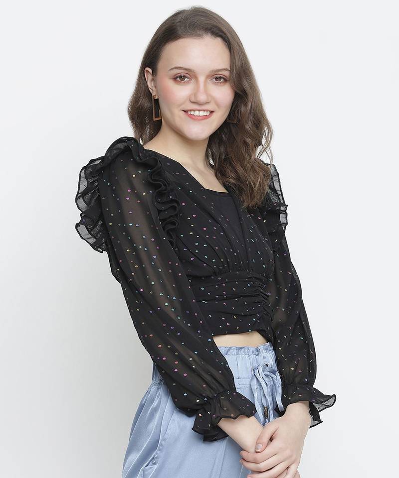 Kasson shimmer black ruffle women crop top