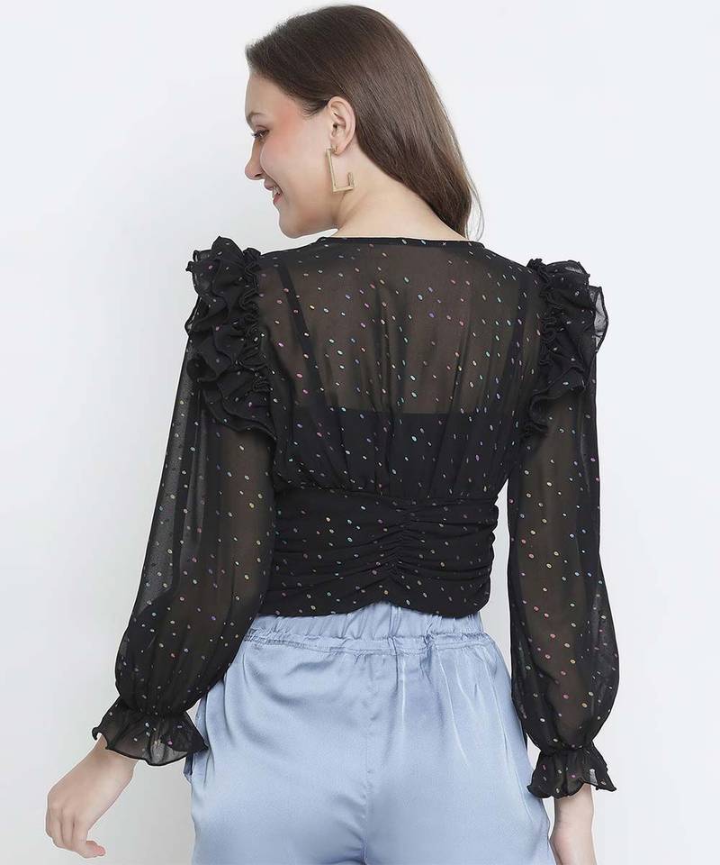 Kasson shimmer black ruffle women crop top