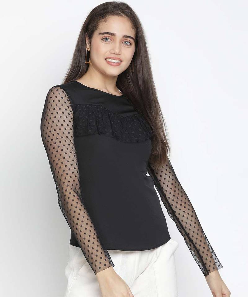 Bella solid black charming women Ruffle  top
