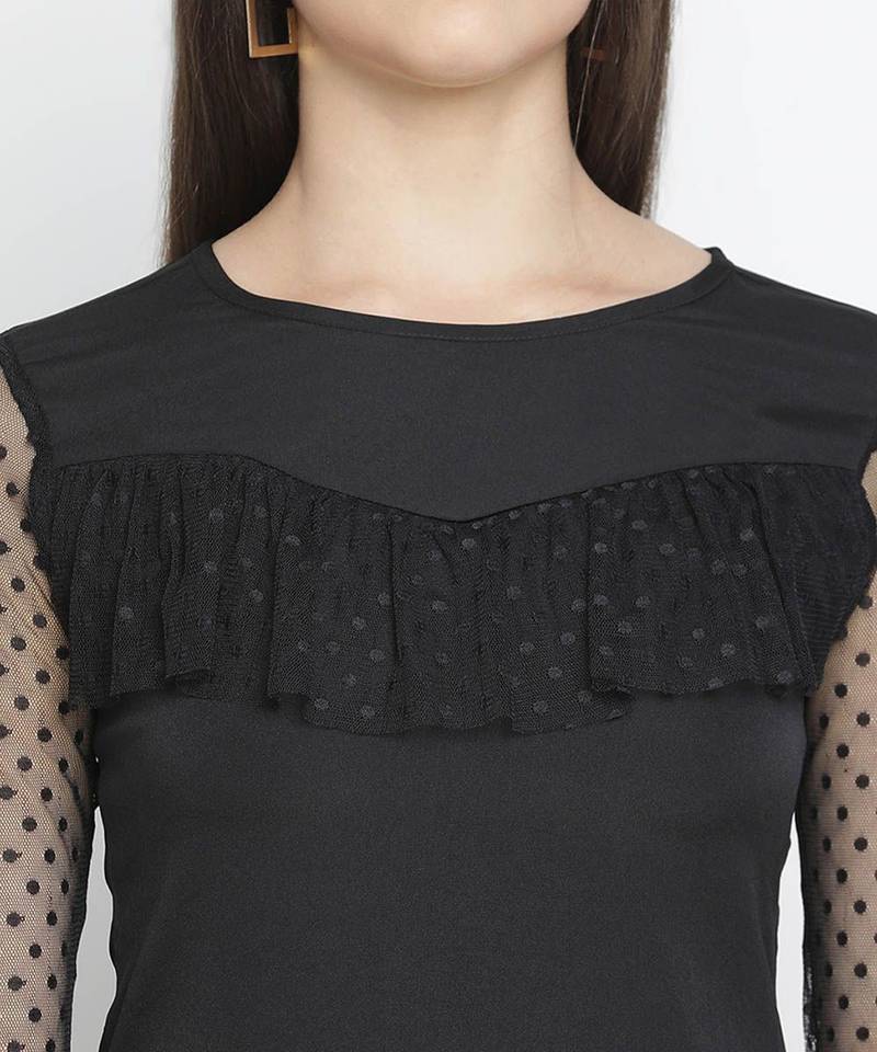 Bella solid black charming women Ruffle  top