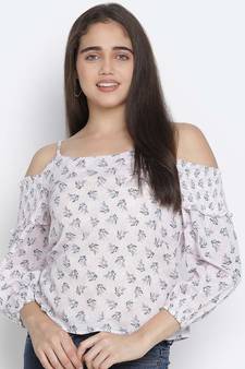 Light pink floral print classy shoulder strap women  top