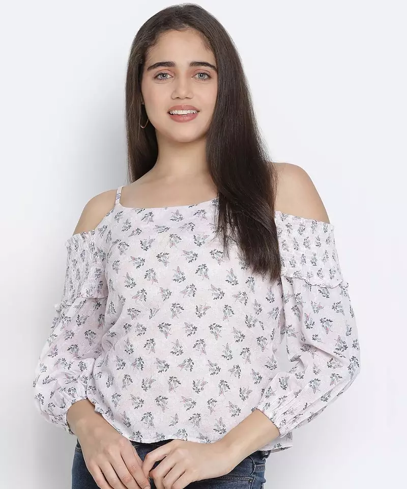 Light pink floral print classy shoulder strap women  top