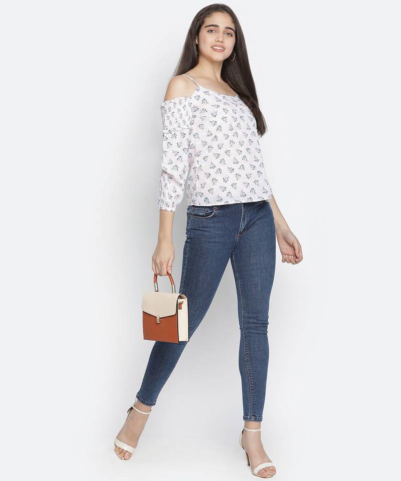 Light pink floral print classy shoulder strap women  top