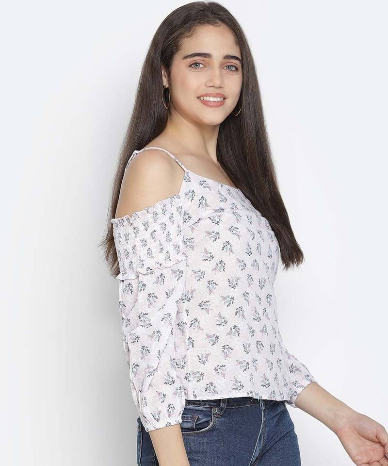 Light pink floral print classy shoulder strap women  top