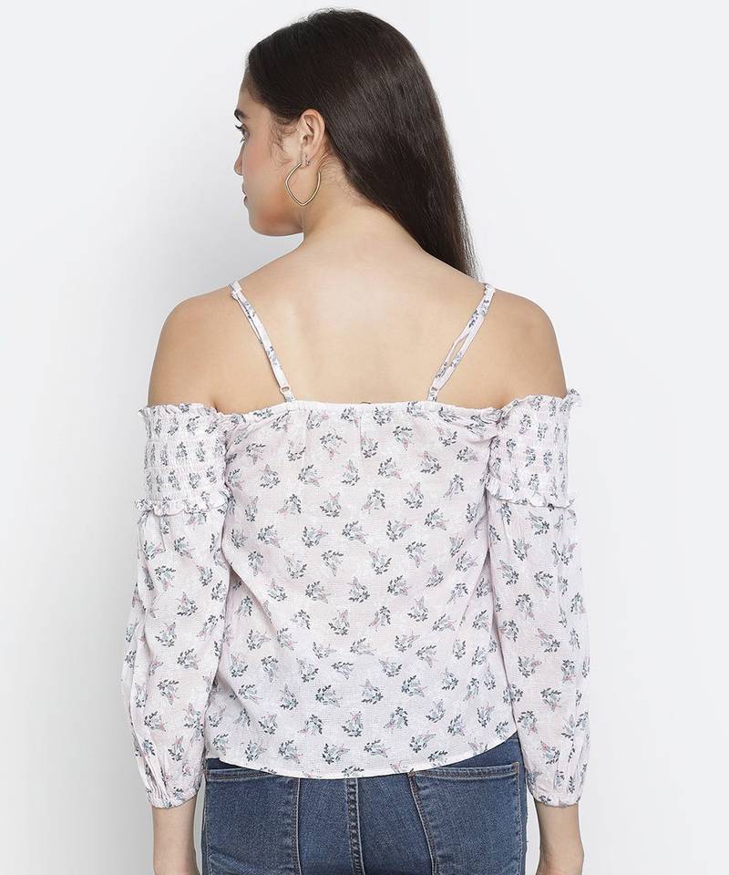Light pink floral print classy shoulder strap women  top