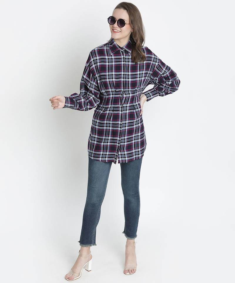 Check print button-down women tunic
