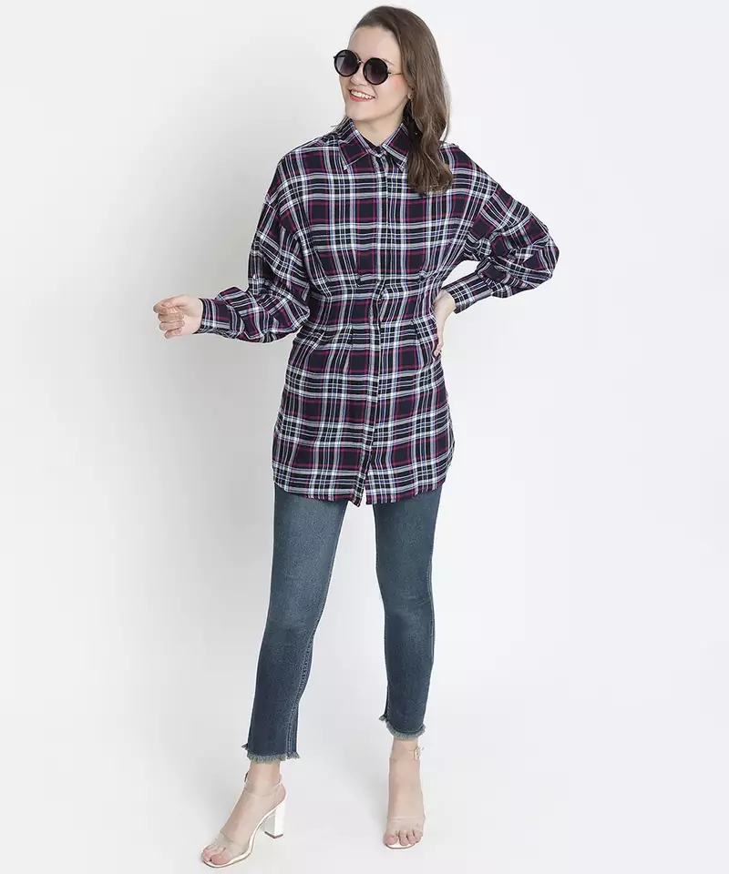 Check print button-down women tunic