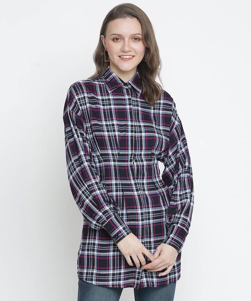 Check print button-down women tunic