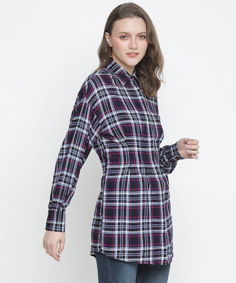 Check print button-down women tunic