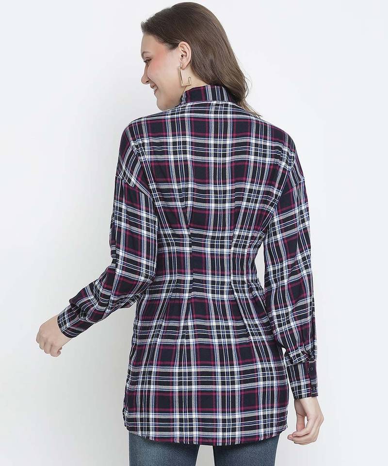 Check print button-down women tunic