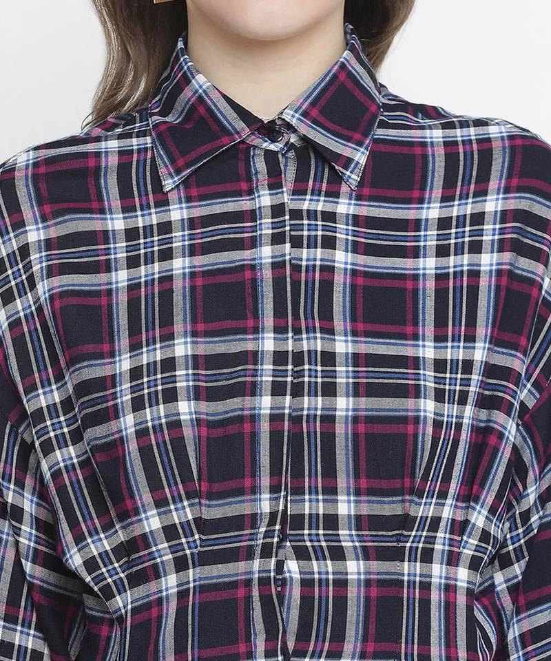 Check print button-down women tunic