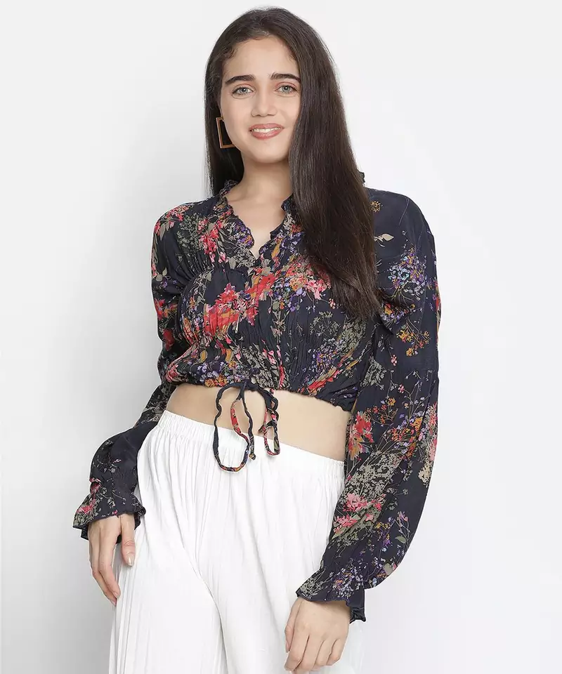 Crackle navy blue floral print women tie top