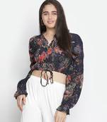 Crackle navy blue floral print women tie top