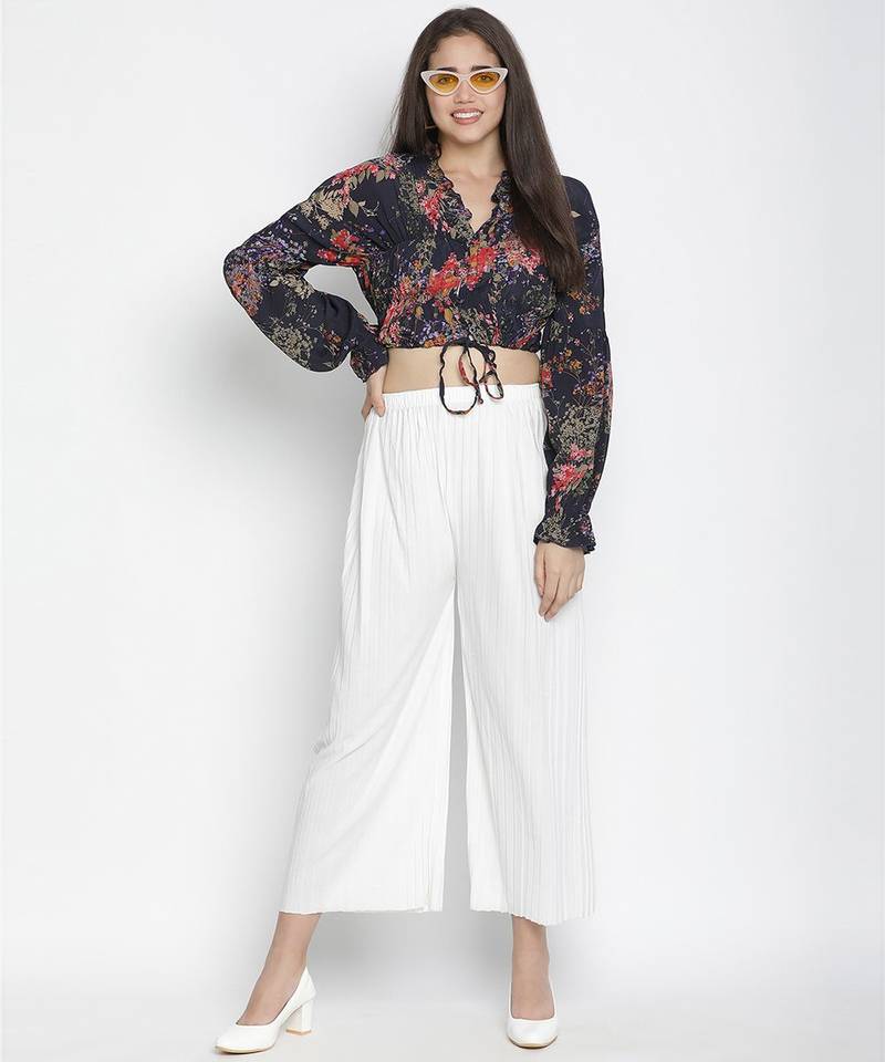 Crackle navy blue floral print women tie top