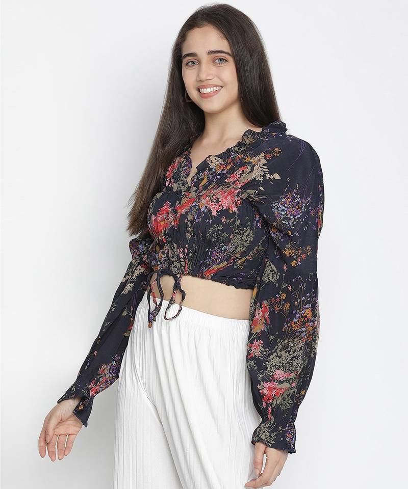 Crackle navy blue floral print women tie top