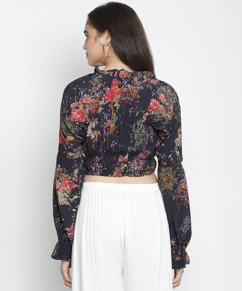 Crackle navy blue floral print women tie top