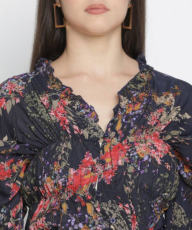 Crackle navy blue floral print women tie top