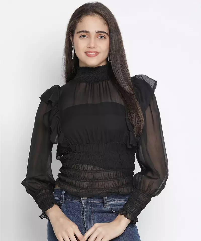 Verve solid black smocked women top