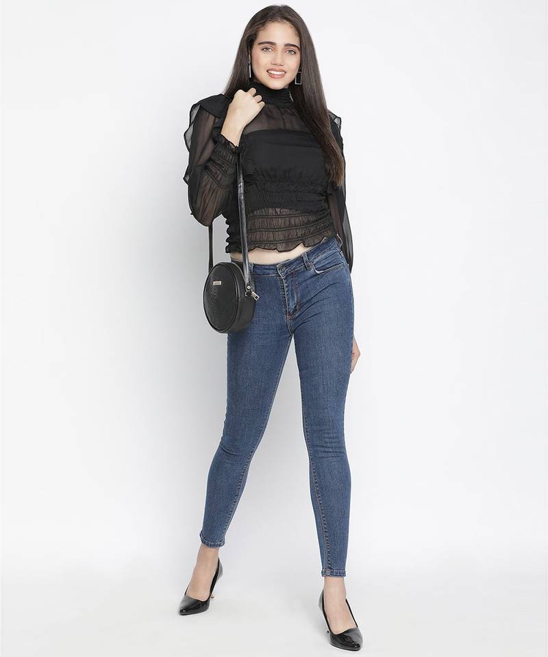 Verve solid black smocked women top