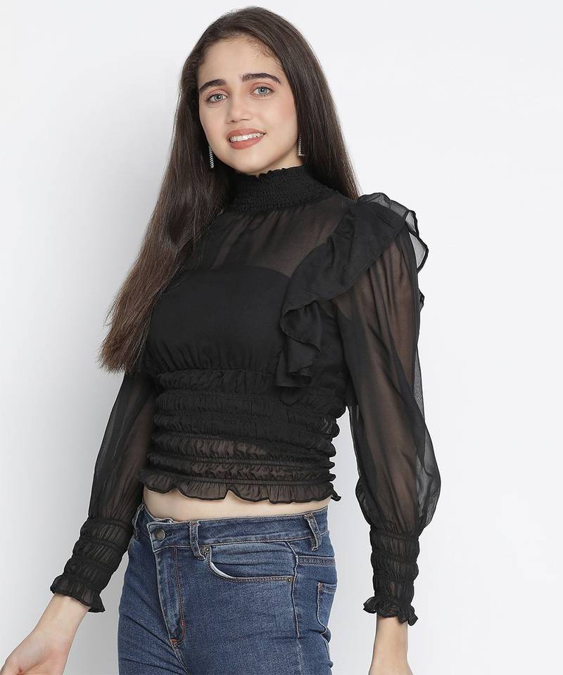 Verve solid black smocked women top