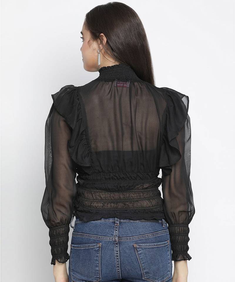 Verve solid black smocked women top