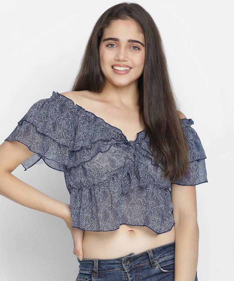 Blithe Blue color printed women crop top