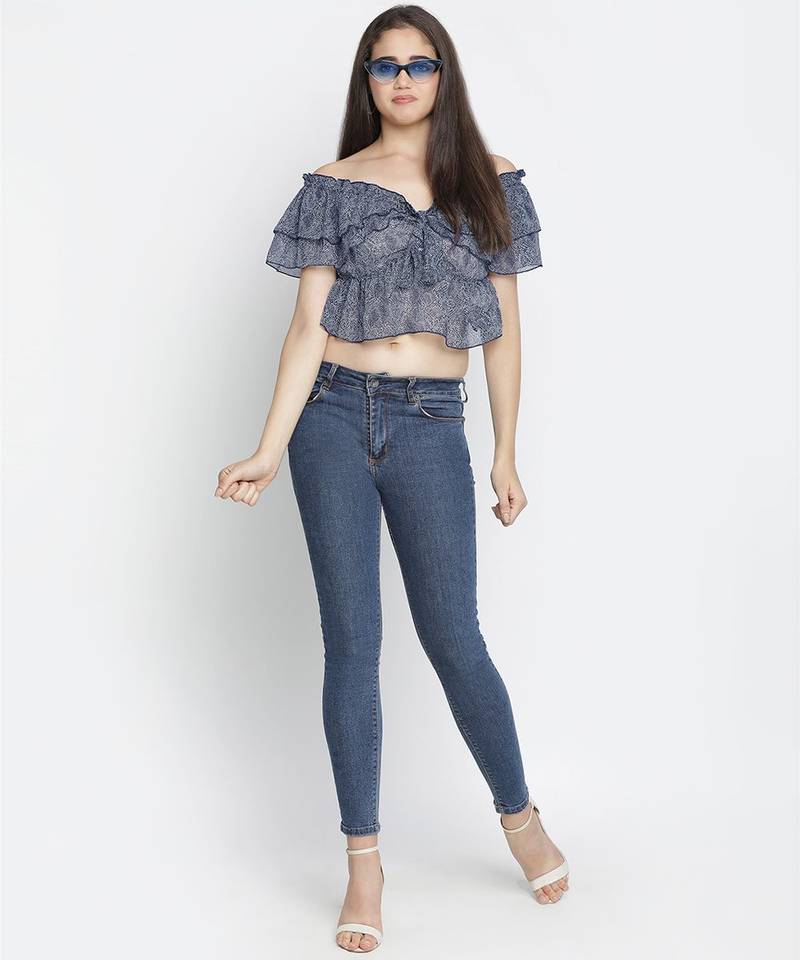Blithe Blue color printed women crop top
