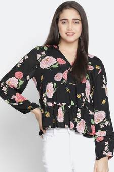 Chaklic Sleek black floral print women top