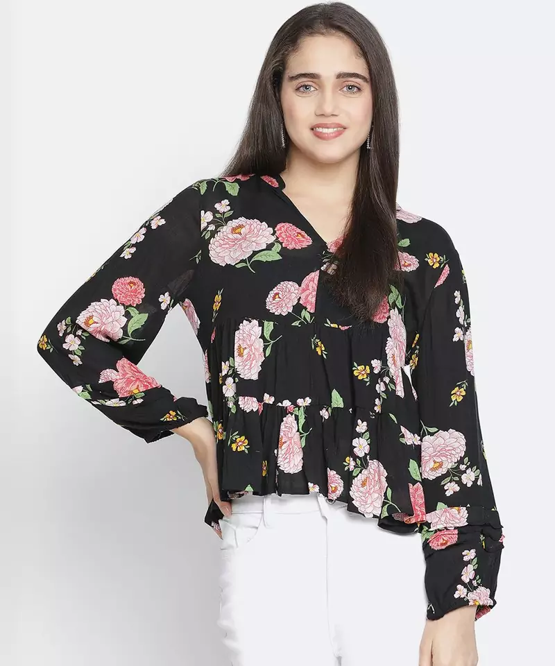 Chaklic Sleek black floral print women top