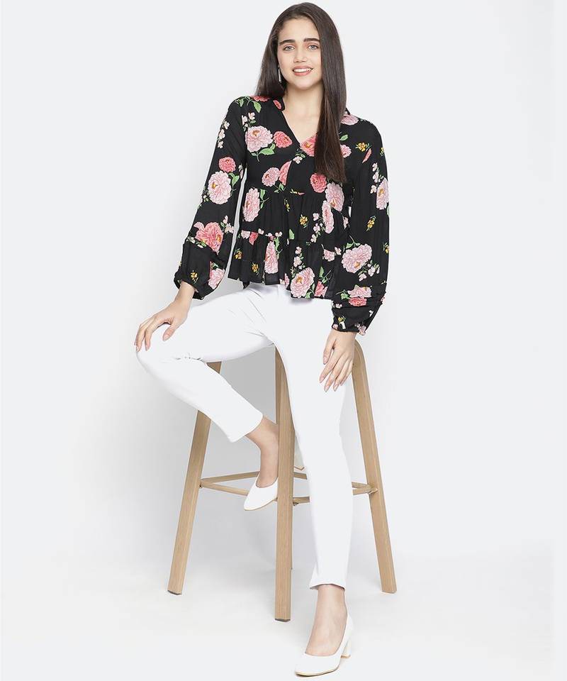 Chaklic Sleek black floral print women top