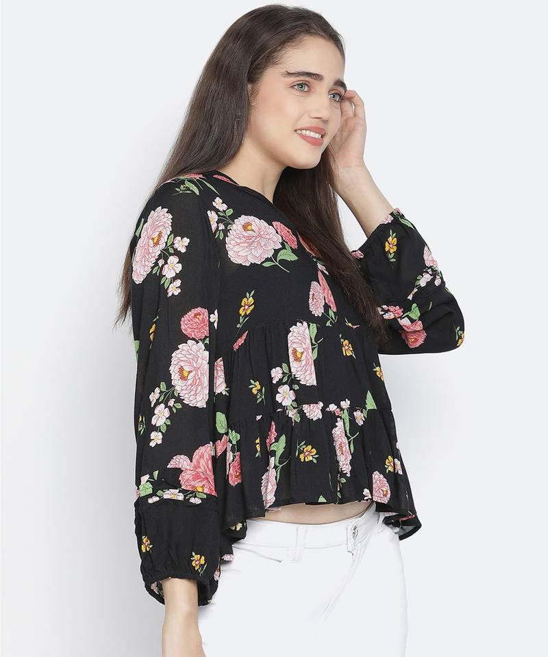 Chaklic Sleek black floral print women top