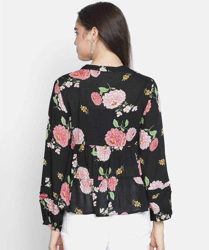 Chaklic Sleek black floral print women top