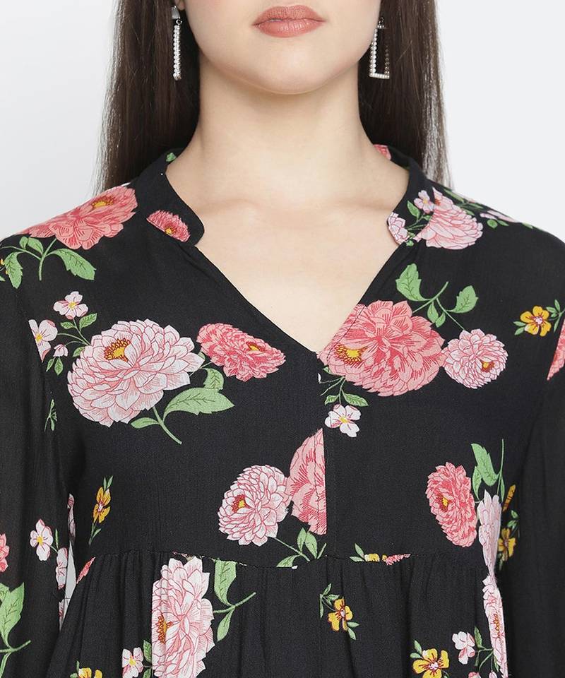 Chaklic Sleek black floral print women top