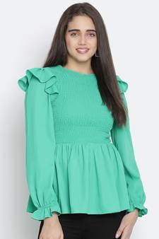 Ador solid green trendy smocked women top