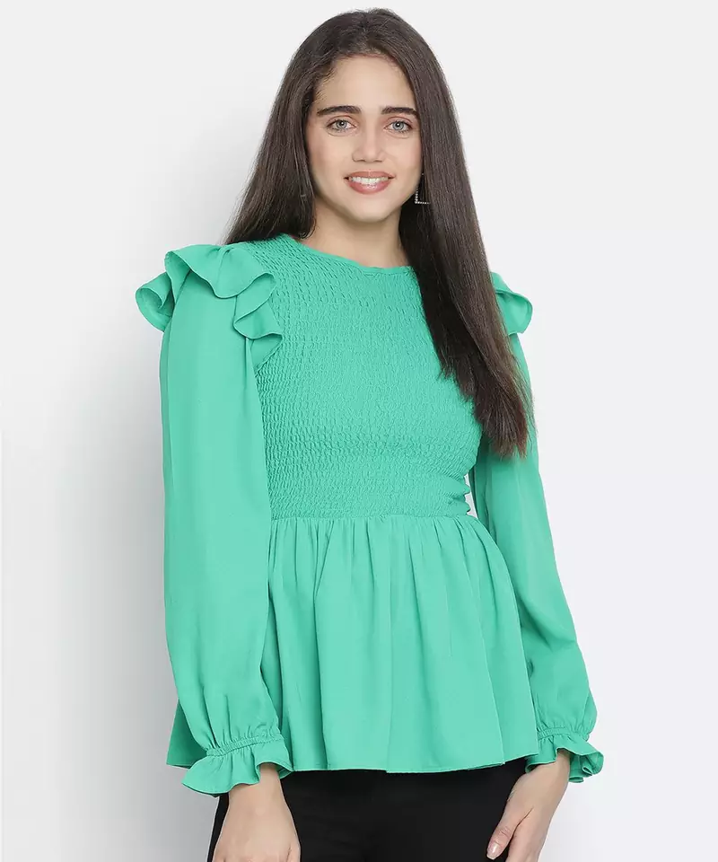Ador solid green trendy smocked women top