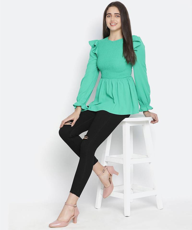 Ador solid green trendy smocked women top