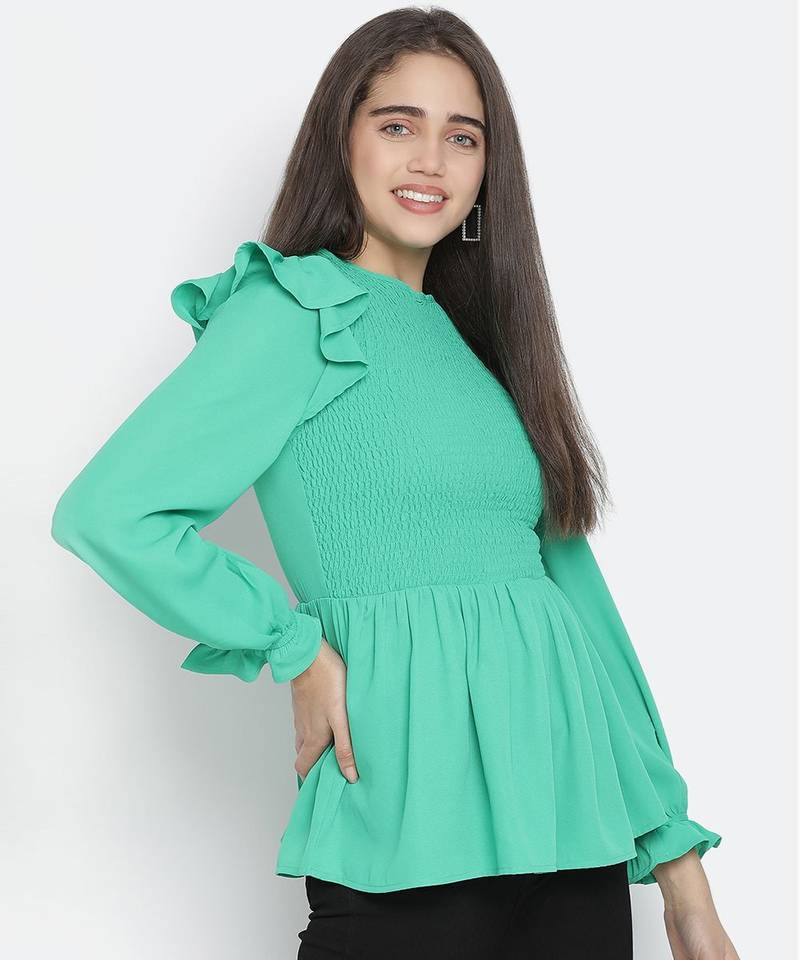 Ador solid green trendy smocked women top