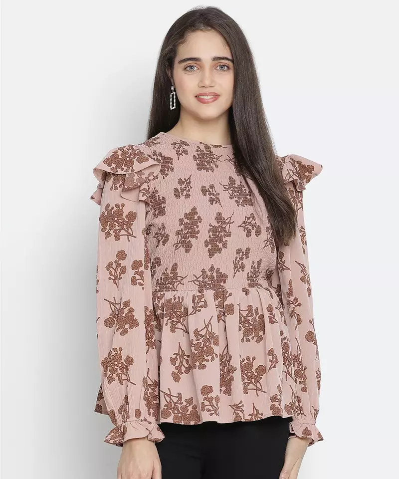 Crispy Brown floral print smocked women top