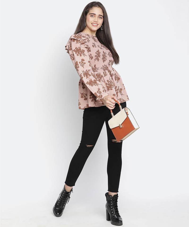 Crispy Brown floral print smocked women top